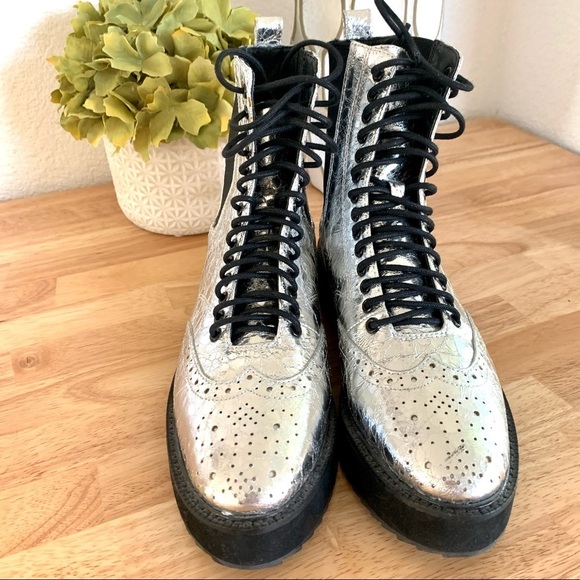 Shelly’s London Silver Lily Lace Up Chelsea Platform Wedge Boots Size 6.5 - Picture 5 of 13